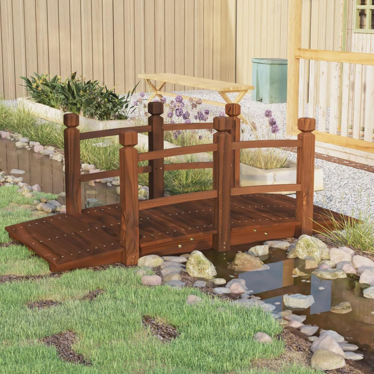 HOLZBRÜCKE mit Geländer ROBBI Braun | 150x67x56cm | Gartenbrücke mit Geländer Teichbrücke - Braun, Holz (67/150/56cm) - DELUKE