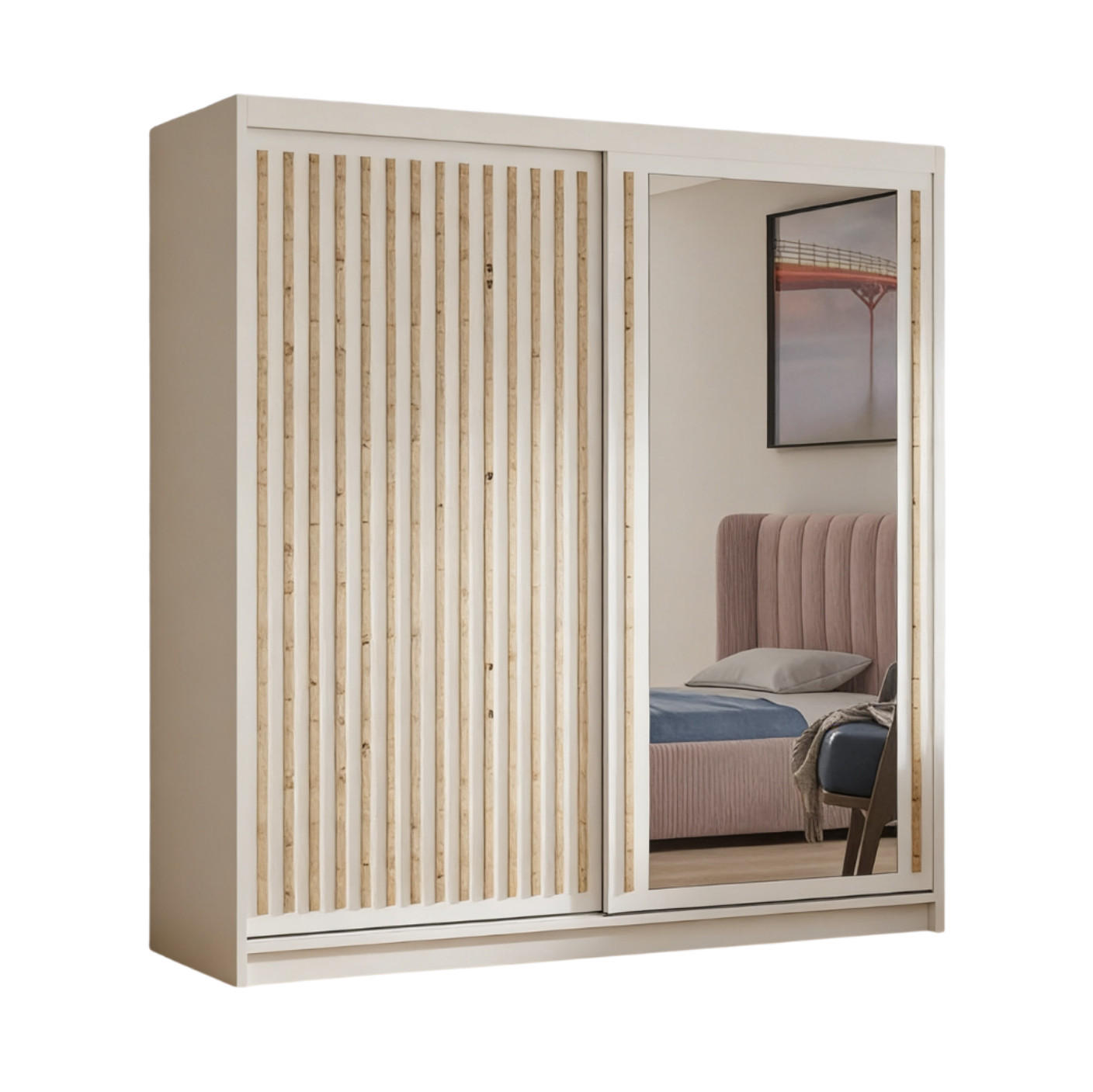 SCHWEBETÜRENSCHRANK Dora 120 cm mit Lamellen und Spiegel 2-türig, kaschmir, Lamelle artisan - Kaschmir/Eiche Artisan, Kunststoff (120/205/60cm) - Margaret Hadas24