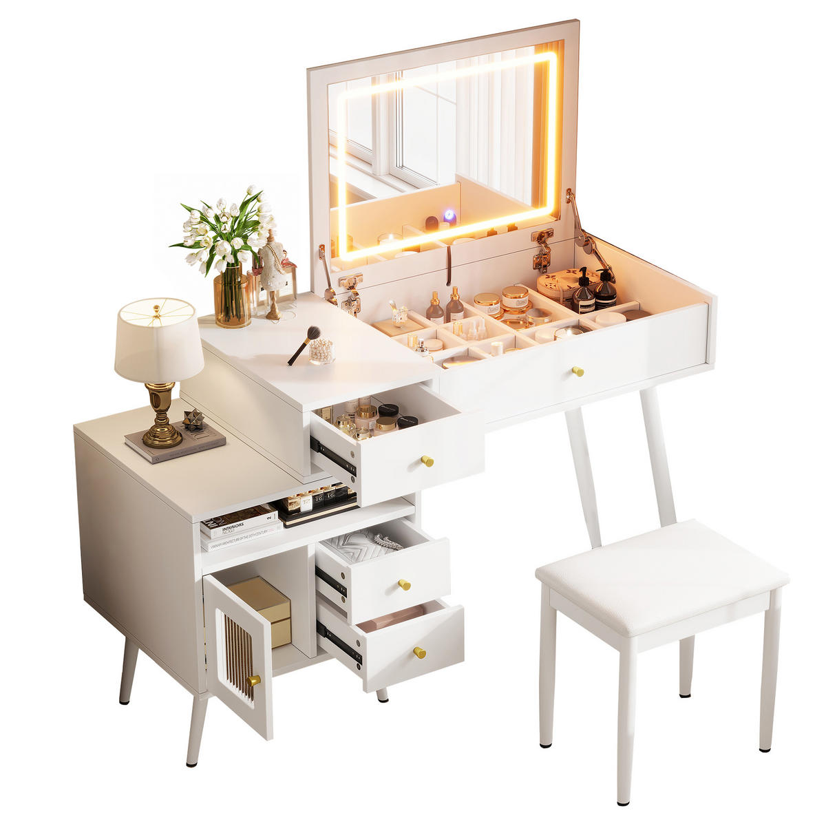 SCHMINKTISCH Set mit Hocker LED Spiegel Metallgriffe Modern - Weiß, Holzwerkstoff (120/77.5/50cm) - FLIEKS