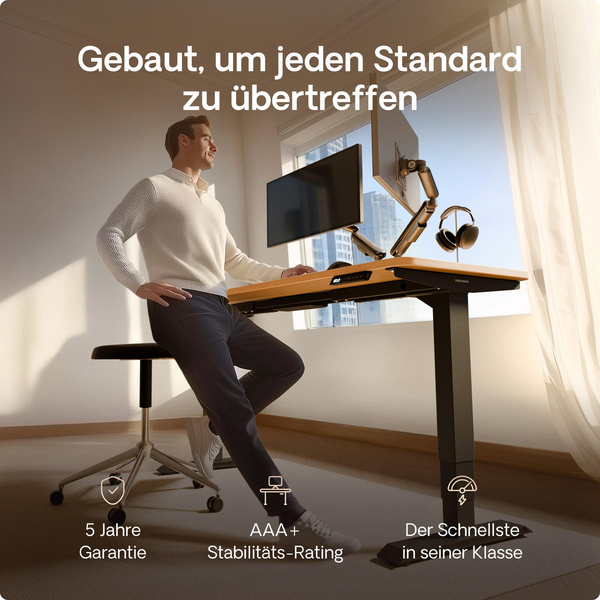 SCHREIBTISCH Elektrisch Höhenverstellbarer HomePro 120x60cm Schwarz/Eiche mit Memory-Funktion, Anti-Kollisions Technologie - Eichefarben/Schwarz, Holzwerkstoff (60/120/62cm) - Desktronic