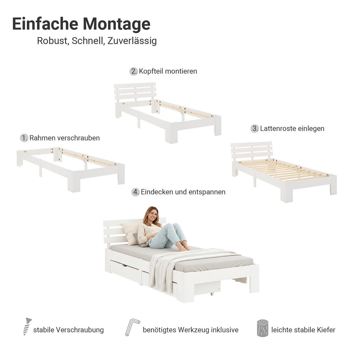 HOLZBETT Weiß 90/200 cm mit Matratze und 2 Bettkästen - Weiß, Holz (90/200cm) - Homestyle4u