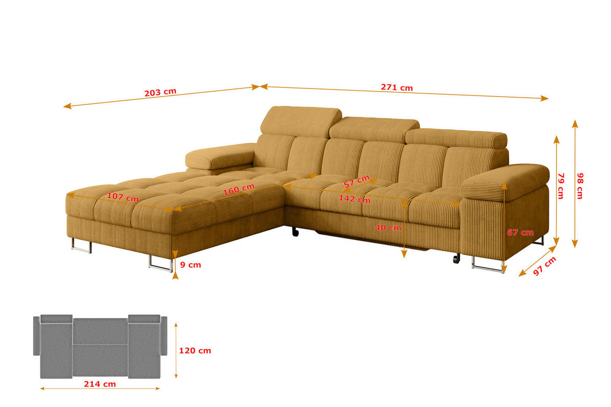ECKSOFA mit Schlaffunktion Ottomane Links COMA L 271x203x79 Senfgelb Cord - Honig, Holzwerkstoff/Textil (271/203cm) - ALTDECOR
