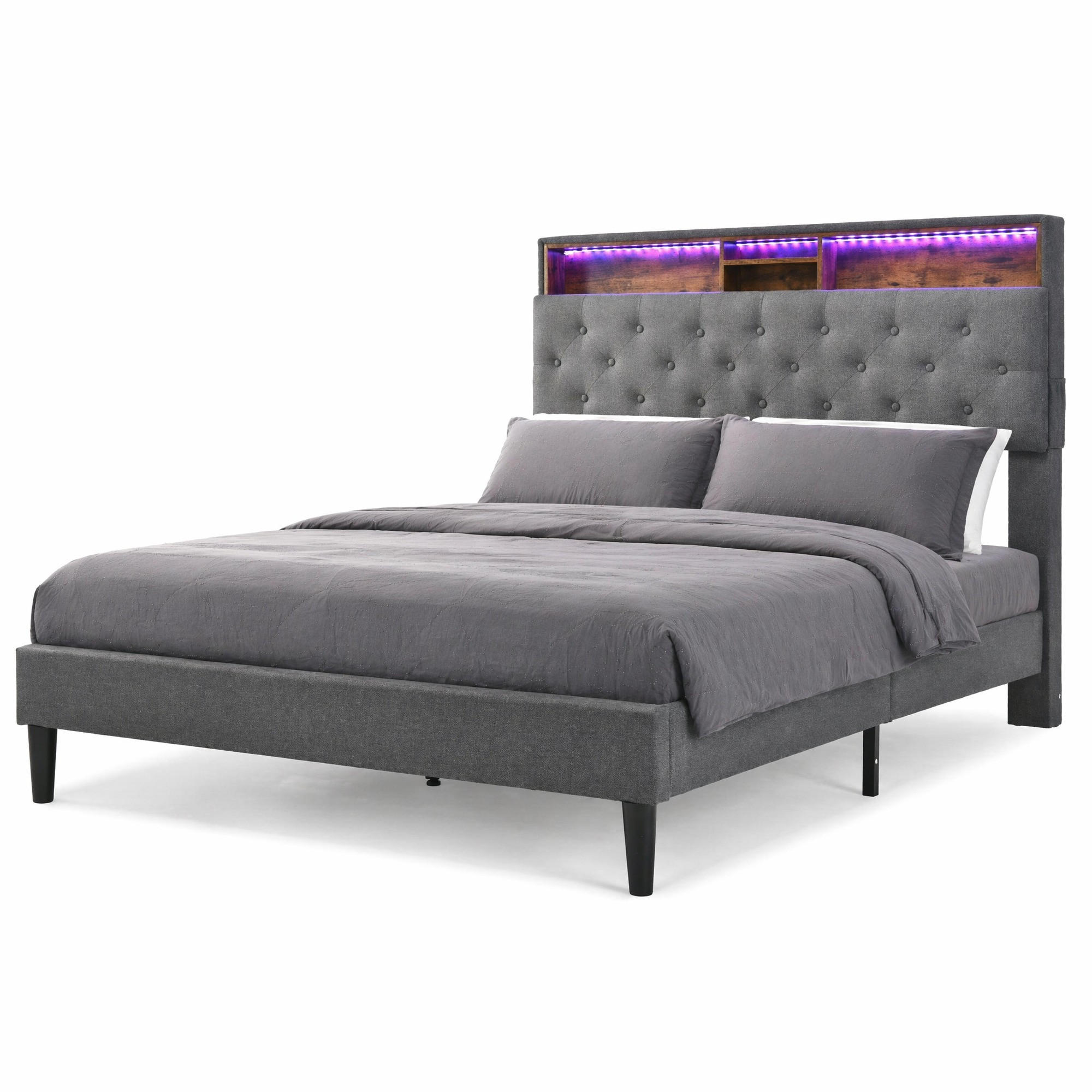 ČALOUNĚNÁ POSTEL 140/200 cm v šedé barvě s úložným čelem, LED osvětlením a matrací - šedá, kov/kompozitní dřevo (140/200cm) - CHICFURN