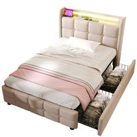 POLSTERBETT mit LED-Beleuchtung 90/200 cm mit USB, Schubladen & Kopfteil - Beige, Holz (90/200cm) - BEAOK
