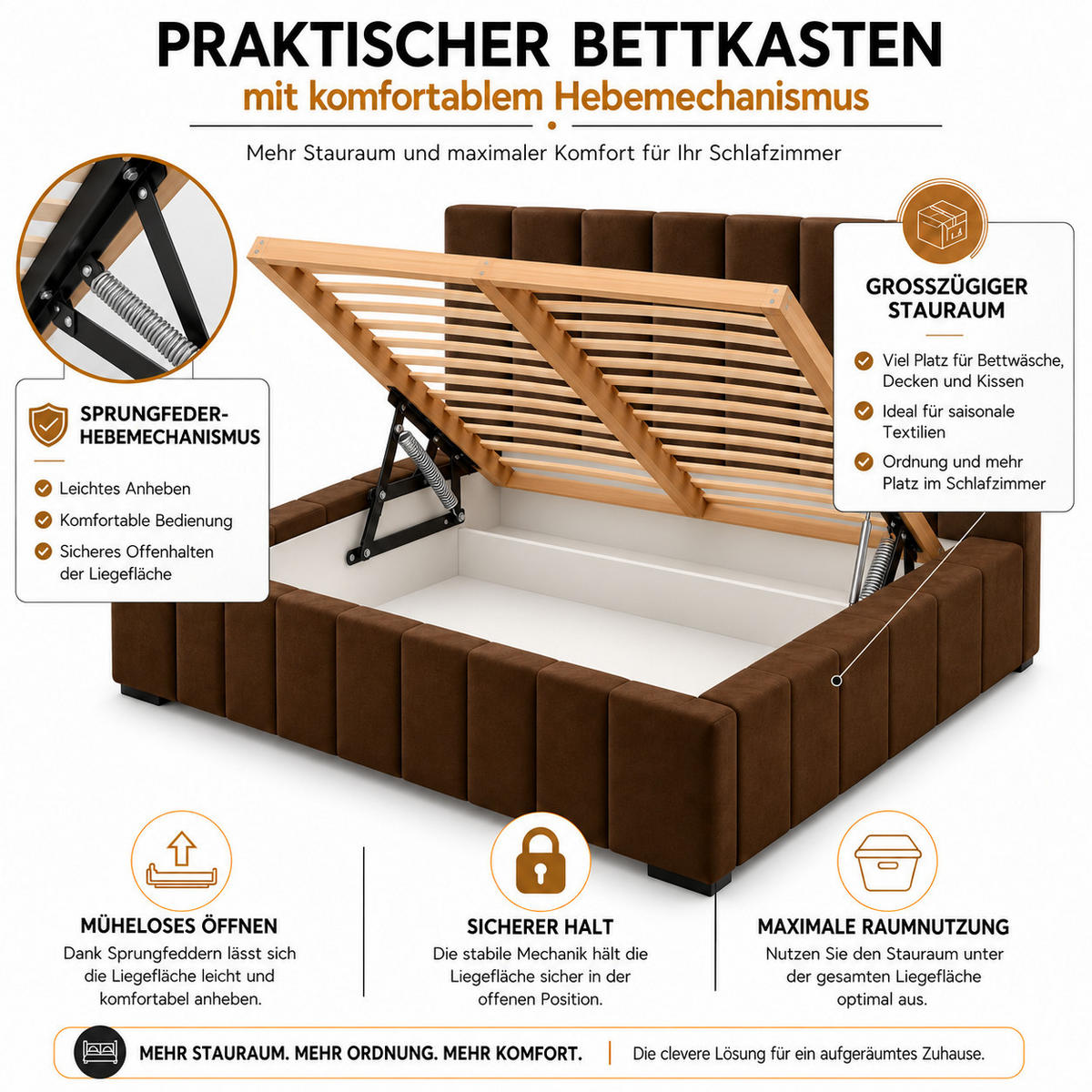 MARPUR Polsterbett NERO 140x200 cm mit Bettkasten und Lattenrost, Dunkelbraun - Chromfarben/Dunkelbraun, Holz/Holzwerkstoff (140/200cm) - Marpur