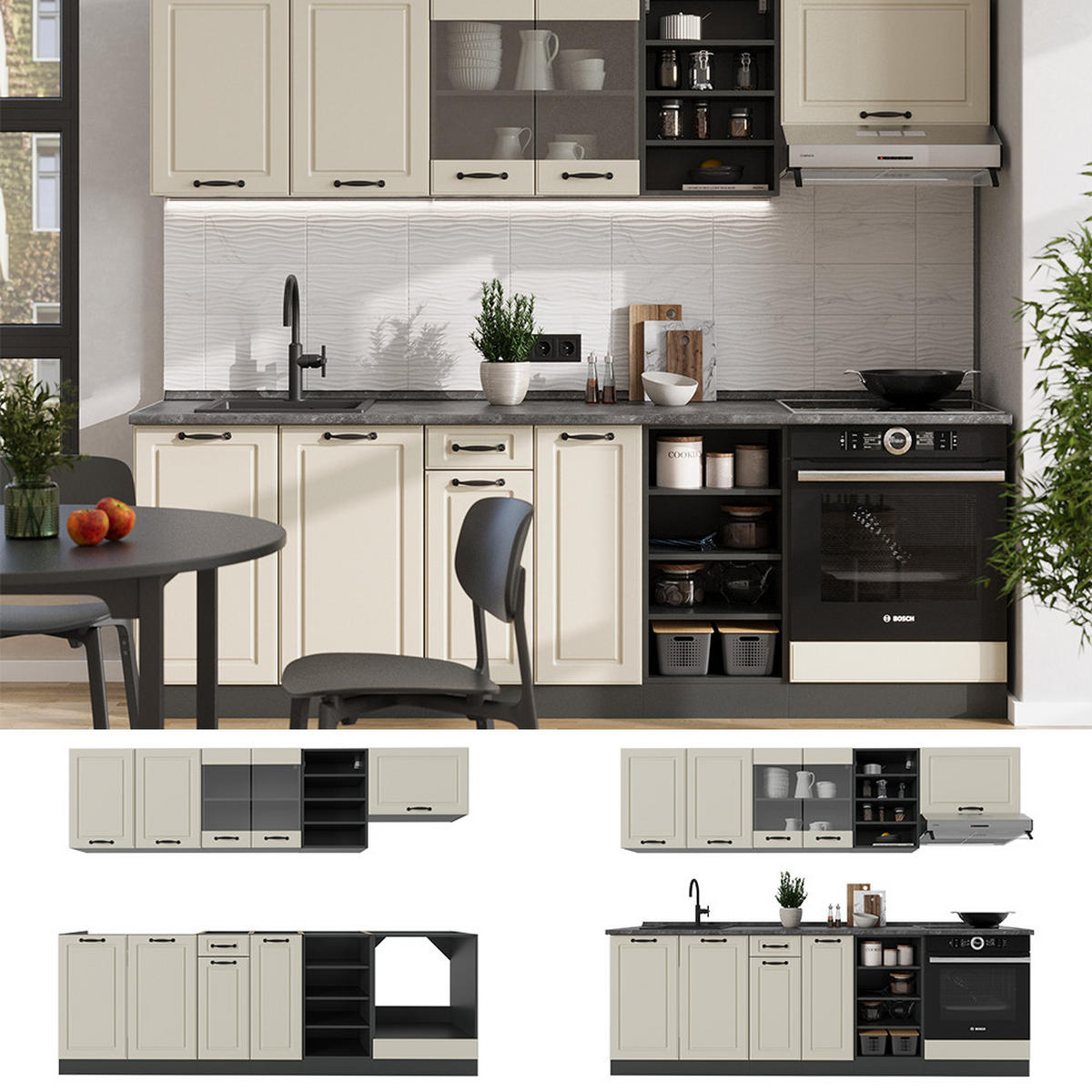 KÜCHENZEILE R-Line, Sand Landhaus/Anthrazit, 240 cm Arbeitsplatte Goldkraft Eiche - Beige/Anthrazit, Holzwerkstoff (240/206.8/60cm) - Vicco