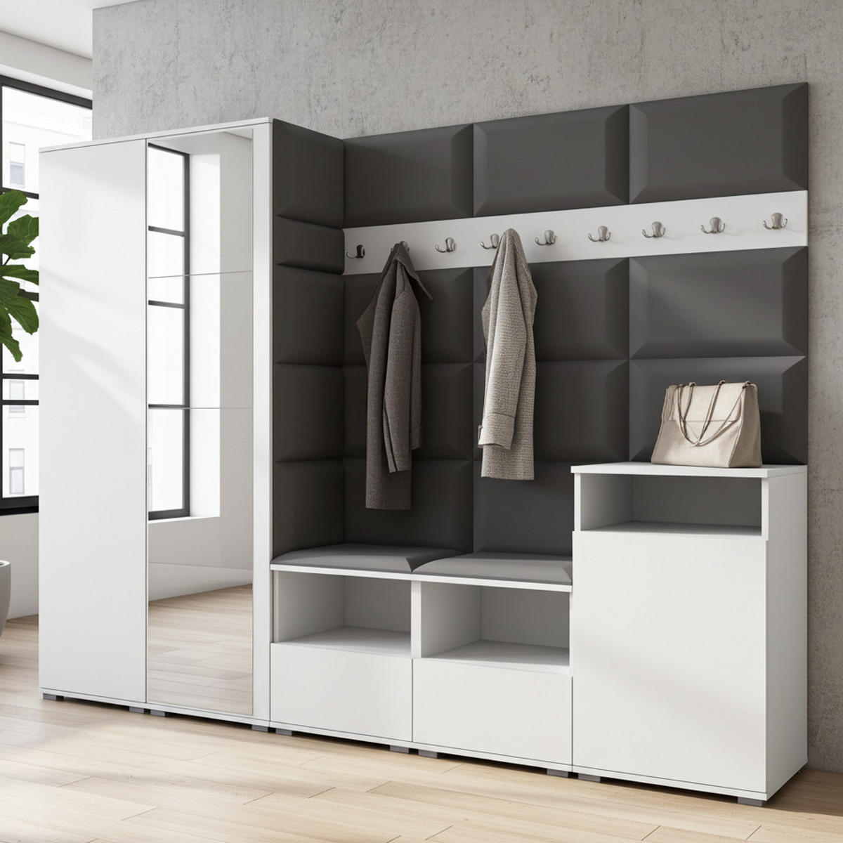 GARDEROBE NELA VIII 250 cm (Modulare Flurmöbel Weiß mit Spiegel & Sitzpolster Dunkelgrau 15 Set XL) - Dunkelgrau/Silberfarben, Holz/Holzwerkstoff (250/187/40cm) - Ravio