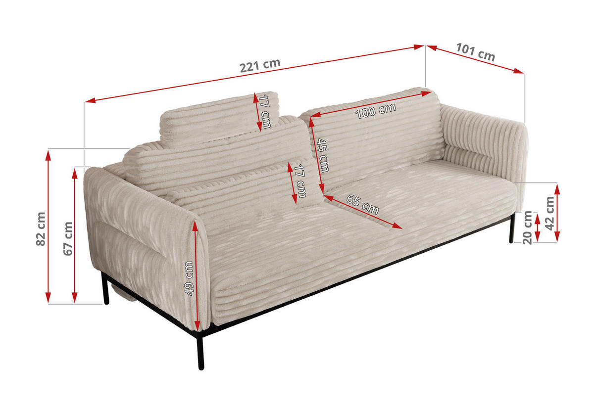 SOFA SALENTO Beige Cord - Beige/Schwarz, Textil/Metall (221/82/101cm) - MKS