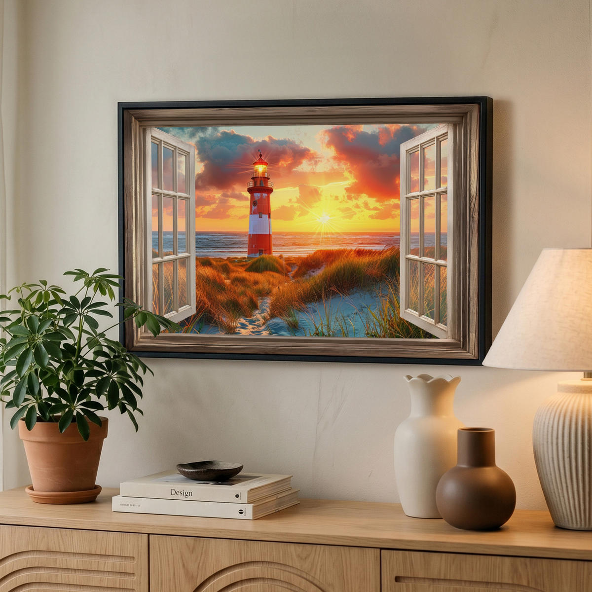 LEINWAND Bilder mit Rahmen - Aussicht - Fenster - Leuchtturm - Sonnenuntergang - Strand - 60x40 - Dunkelorange, Textil (60/40cm) - MuchoWow