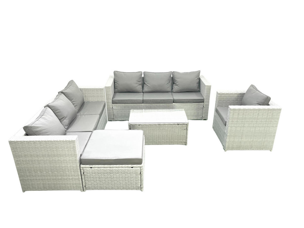 GARTENGARNITUR mit 3-SITZER SOFA,COUCHTISCH Polyrattan Hellgrau-Mix 8-Sitzer - Hellgrau/Grau, Glas/Kunststoff - Fimous
