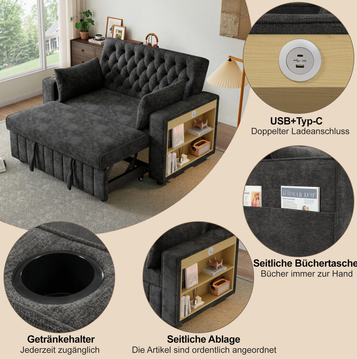 2-SITZER 140/137/84 cm Grau aus Chenille mit Schlaffunktion und USB-Ladeanschluss - Grau, Textil (137/84/140cm) - OKMYHOME
