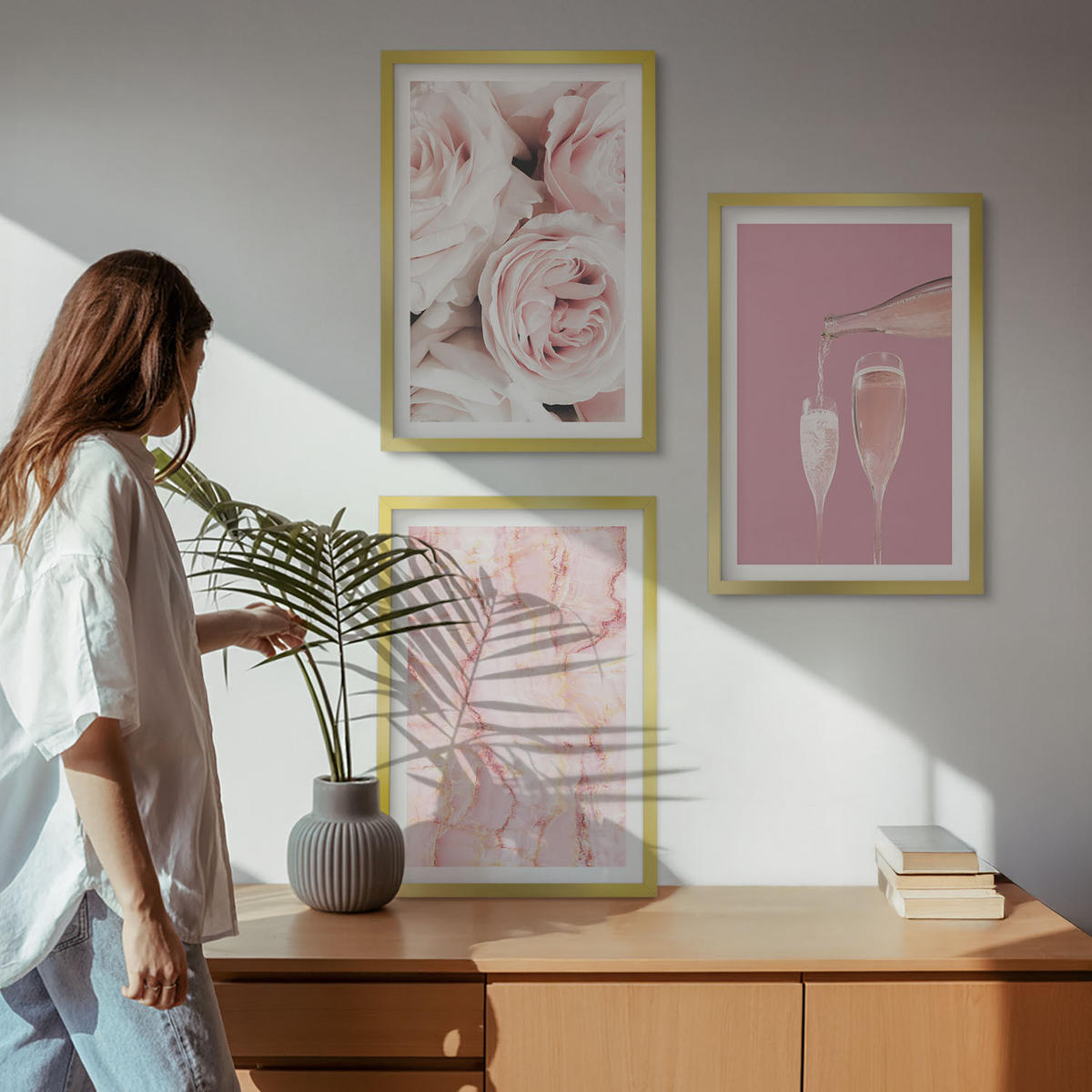 WANDBILDER 3er Set - 40x60 cm Goldrahmen - Champagnerfarbene Rosen, Marmorhintergrund - Goldfarben, Kunststoff (40/60cm) - ArtPrintCave