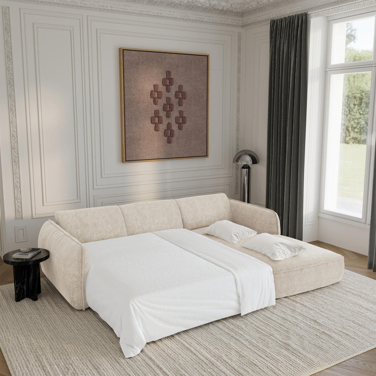 ECKSCHLAFSOFA Rastervelours 274cm - Creme, Textil (274/174cm) - Sia Home