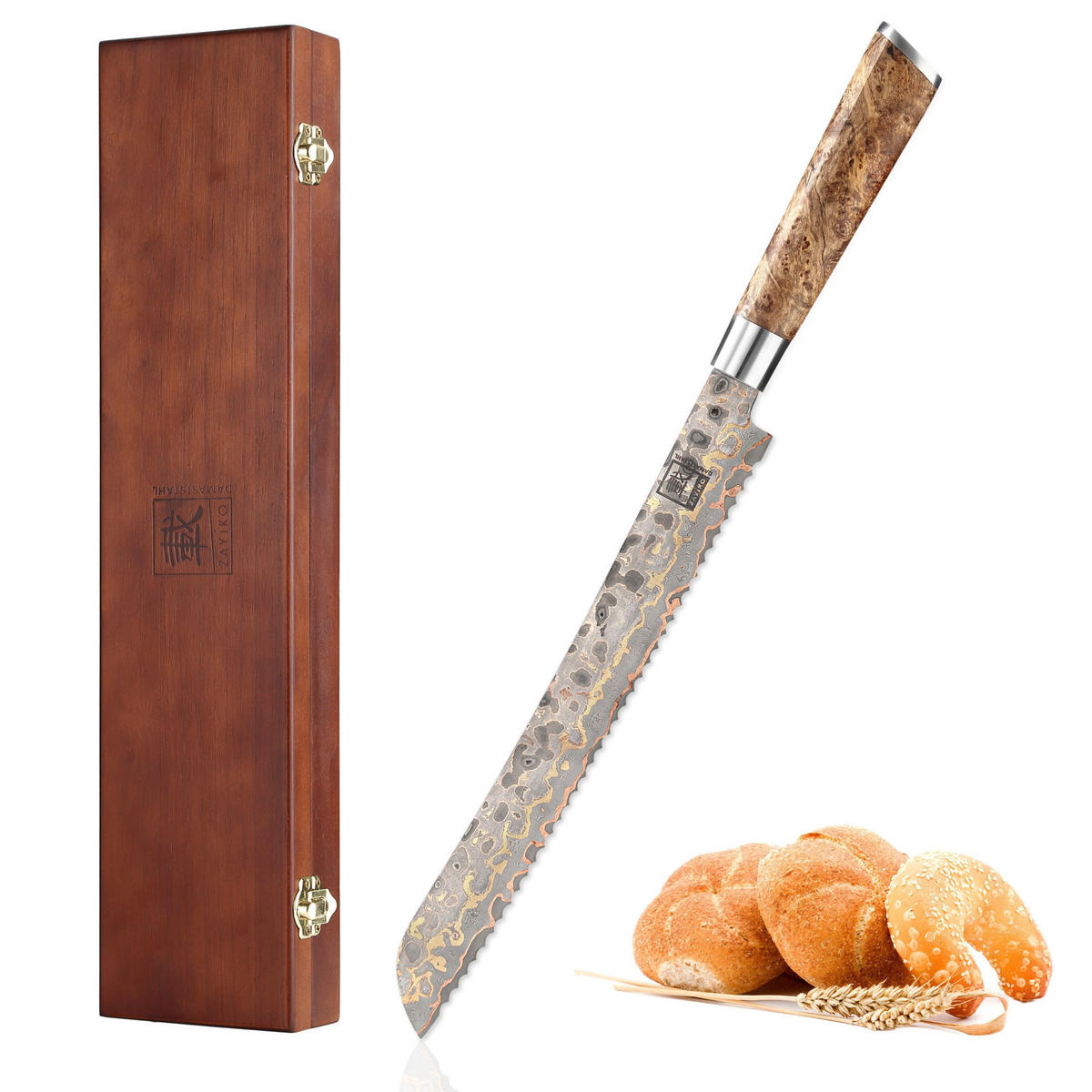 BROTMESSER 27 cm WELLENSCHLIFF - Ahornfarben, Holz/Metall (40cm) - Zayiko