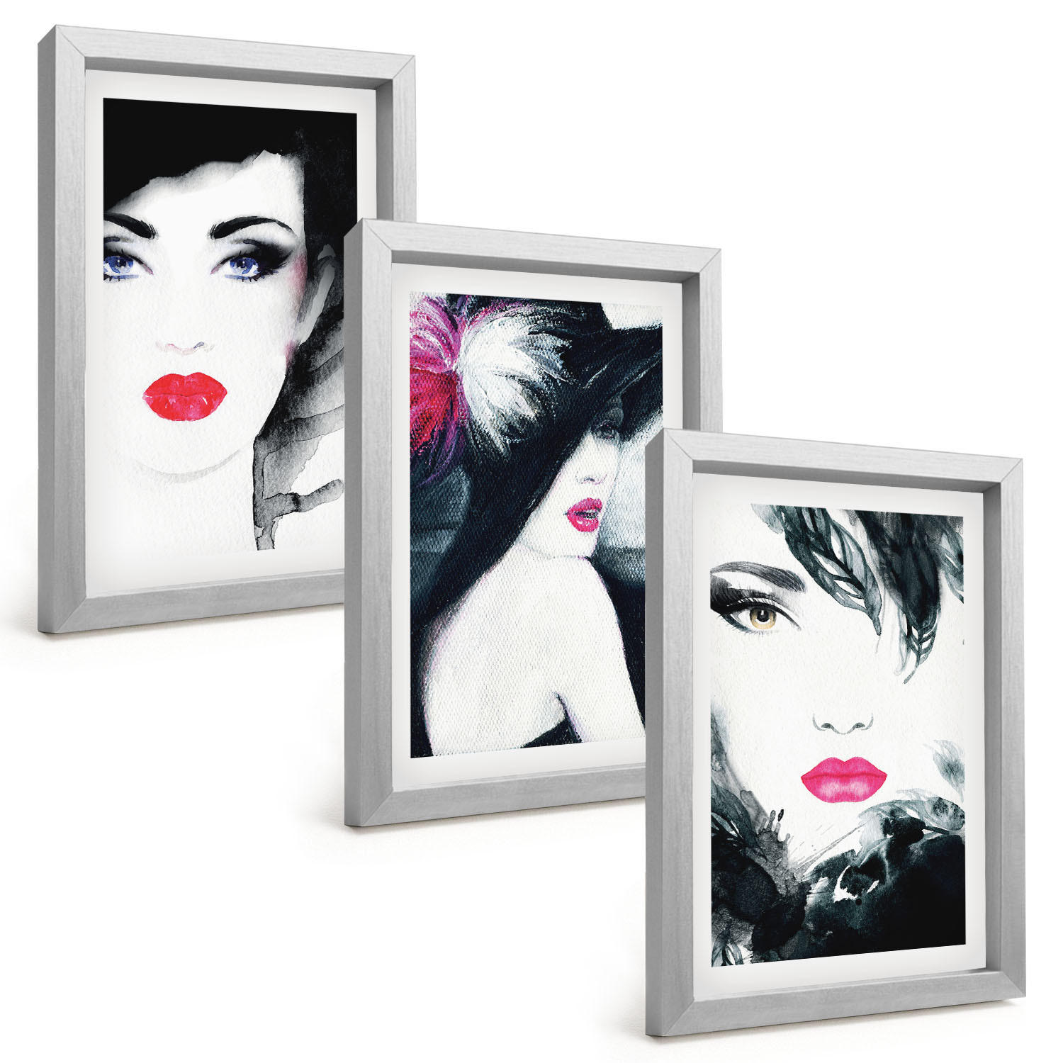 BILDER SET 3er Set - 20x30 cm Silberner Rahmen - Porträts von Frauen mit Lippen - Silberfarben, Kunststoff (20/30cm) - TULUP