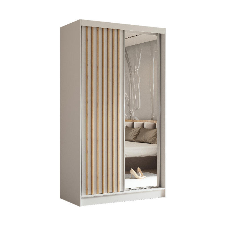 SCHWEBETÜRENSCHRANK Erika 120 cm mit Lamellen und Spiegel 2-türig, weiß, weiß, Lamelle Artisan - Weiß/Eiche Artisan, Kunststoff (120/216/51cm) - Margaret Hadas24