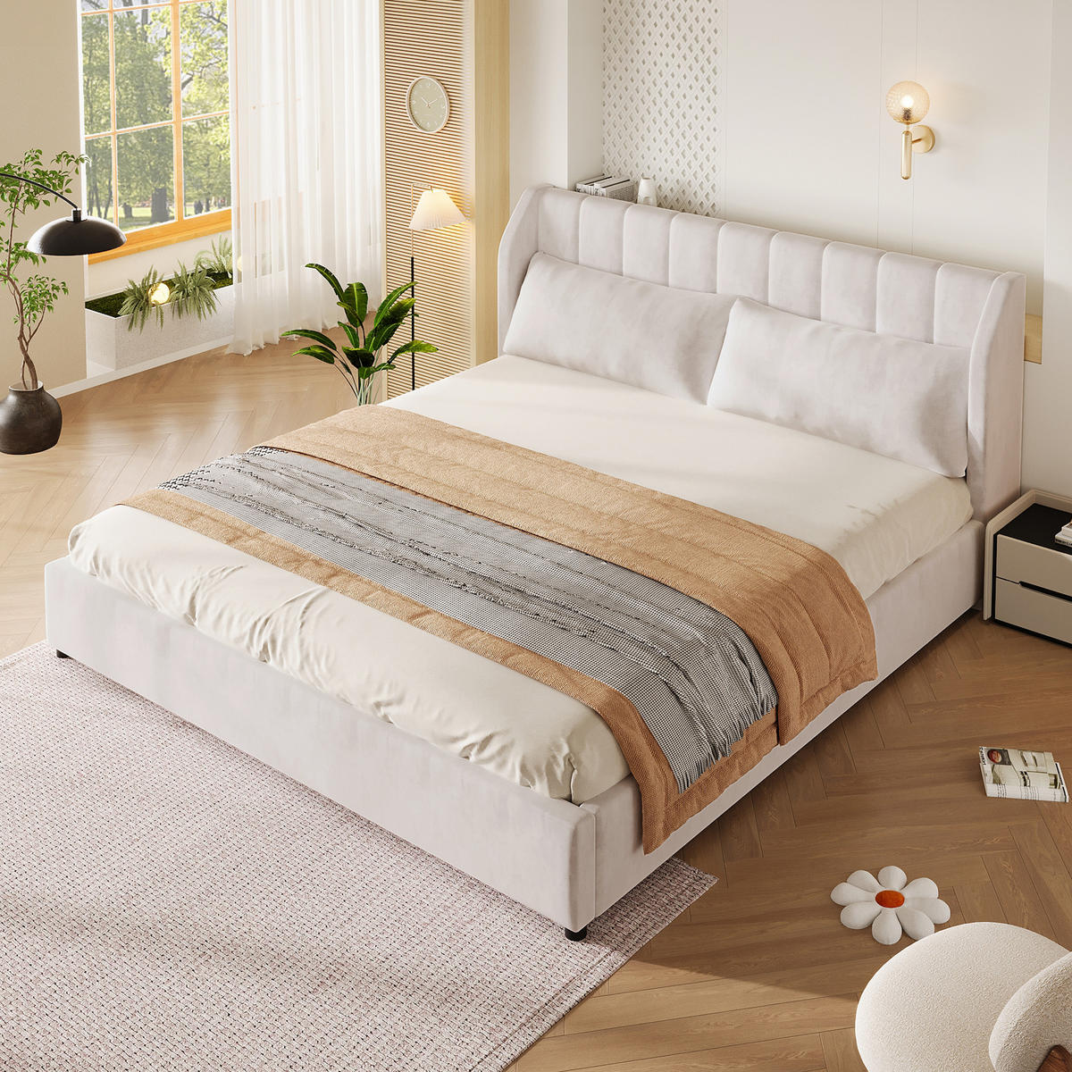 POLSTERBETT 180/200 cm in Beige mit gepolstertem Kopfteil, Lattenrost und Kissen aus Samt - Beige, Holzwerkstoff/Textil (180/200cm) - STILVORA