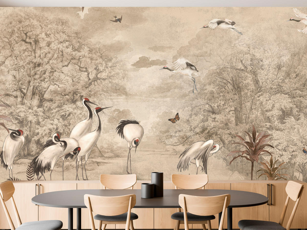 FOTOTAPETE für Schlafzimmer Retro Kraniche Wald Bäume Vögel 350x256 - Beige/Rot, Papier (350/256cm) - Muralo