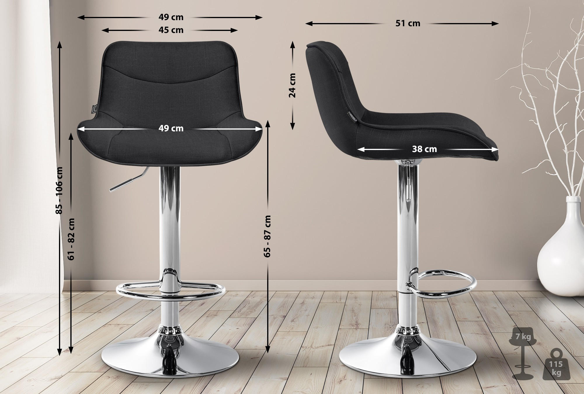 BARHOCKER 2er Set Stoff schwarz - Chromfarben/Schwarz, Textil/Metall (49/85/51cm) - CLP