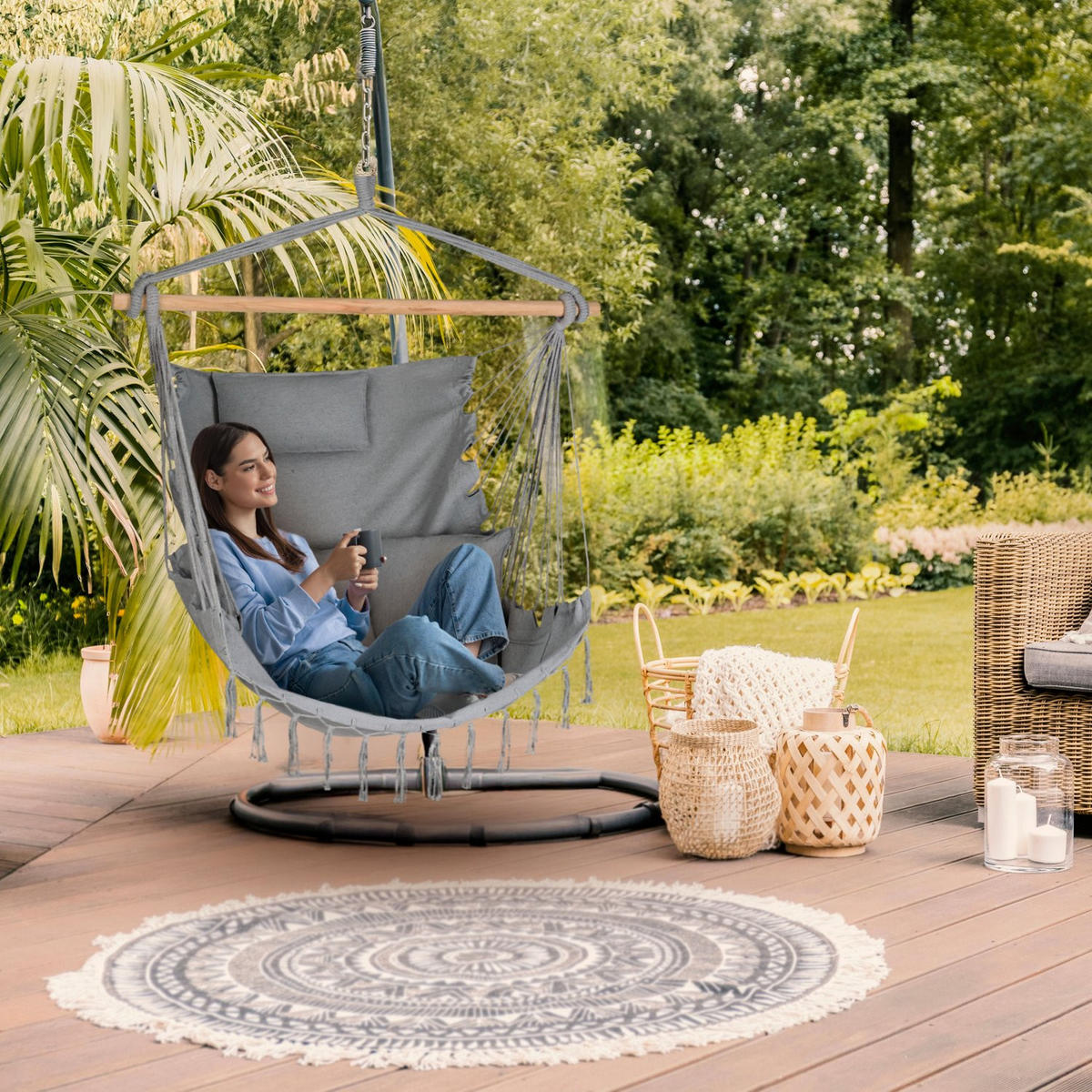 HÄNGESESSEL mit 3 Kissen 75/100/130 cm, bis 140 kg - Grau, Textil (100/130/75cm) - Outtec