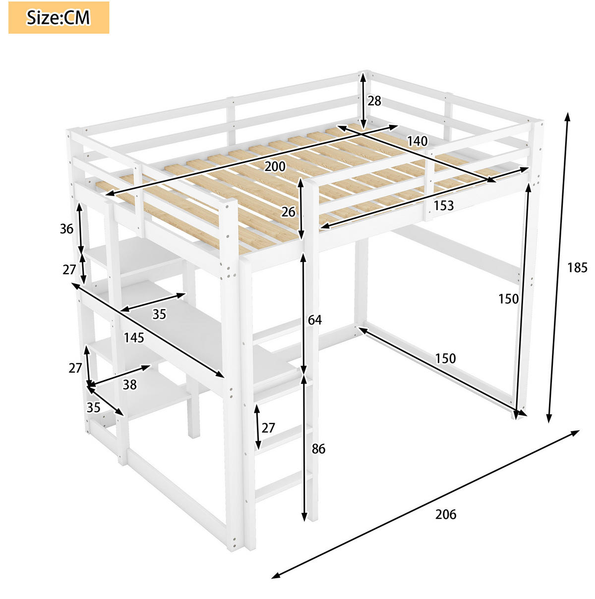HOCHBETT 140/200 cm mit Stauraum aus Kiefer mit Schreibtisch mit Matratze - Weiß, Holzwerkstoff (140/200cm) - OKWISH