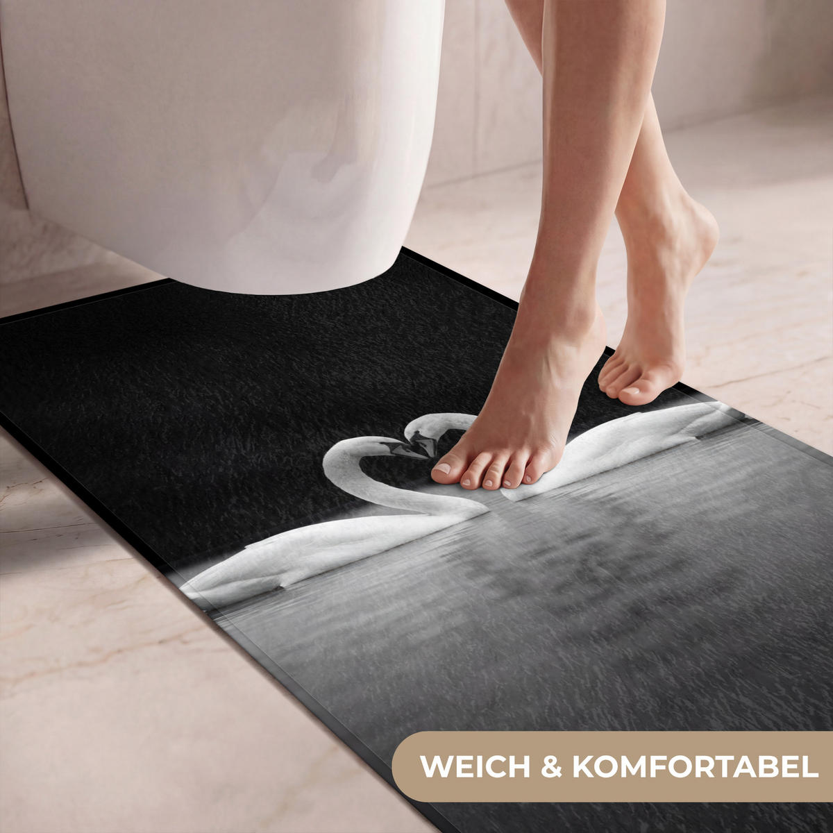 WC PŘEDLOŽKA Labutě - srdce - černá - bílá 60x120 cm - černá, textil/plast (60/1cm) - OnlyWow