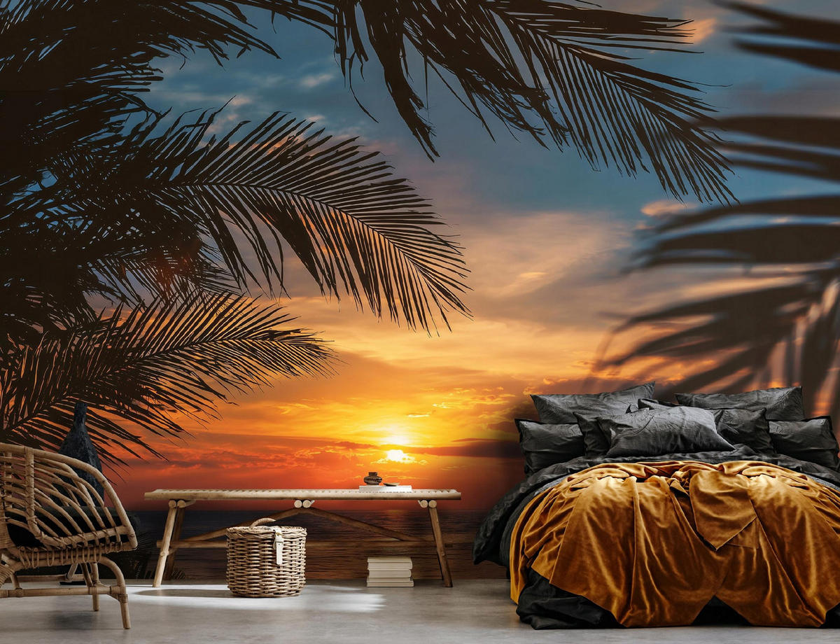 FOTOTAPETE Strand Palmen Orange 200x140 cm - Multicolor, Papier (200/140cm) - Wallarena