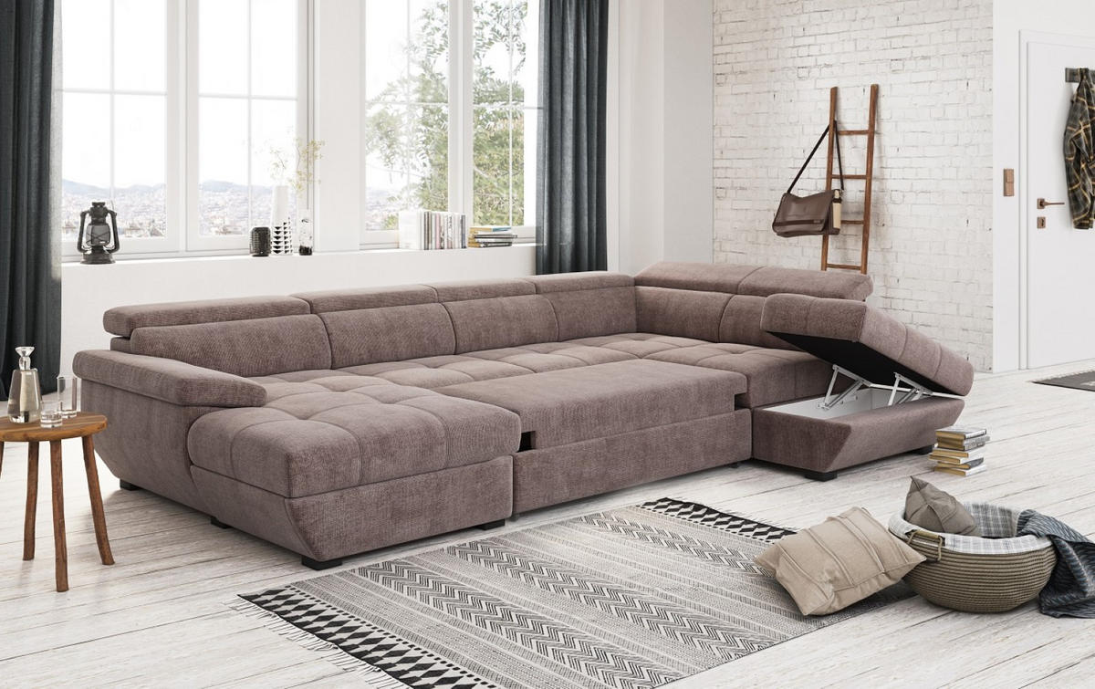 WOHNLANDSCHAFT mit Schlaffunktion und Bettkasten, Boston-Stoff - Taupe/Schwarz, Kunststoff/Textil (224/79/332cm) - Cotta