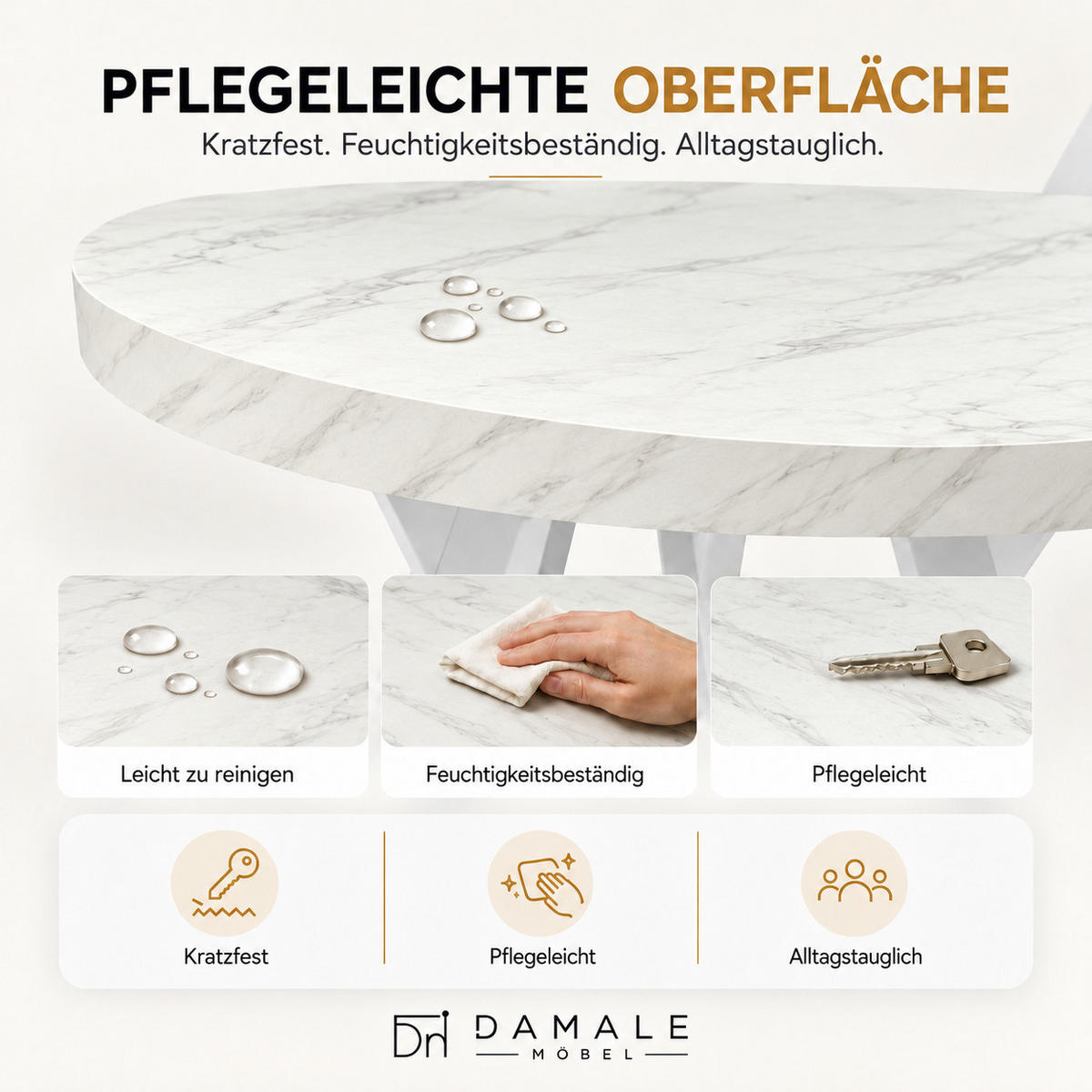 ESSTISCH rund ausziehbar 100/200/76 cm, Marmoroptik, 54 cm Tischplatte + Metall weiß - Hellgrau/Weiß, Holzwerkstoff/Metall (100/200/76cm) - Damale Möbel
