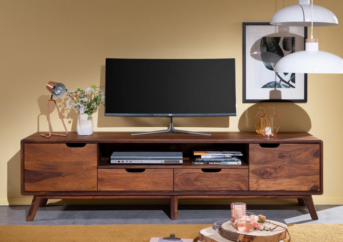 TV-BOARD Sheesham 180x40x48 walnuss gewachst MALMÖ 2 #121 - Dunkelbraun, Holz (180/48/40cm) - Massivmoebel24
