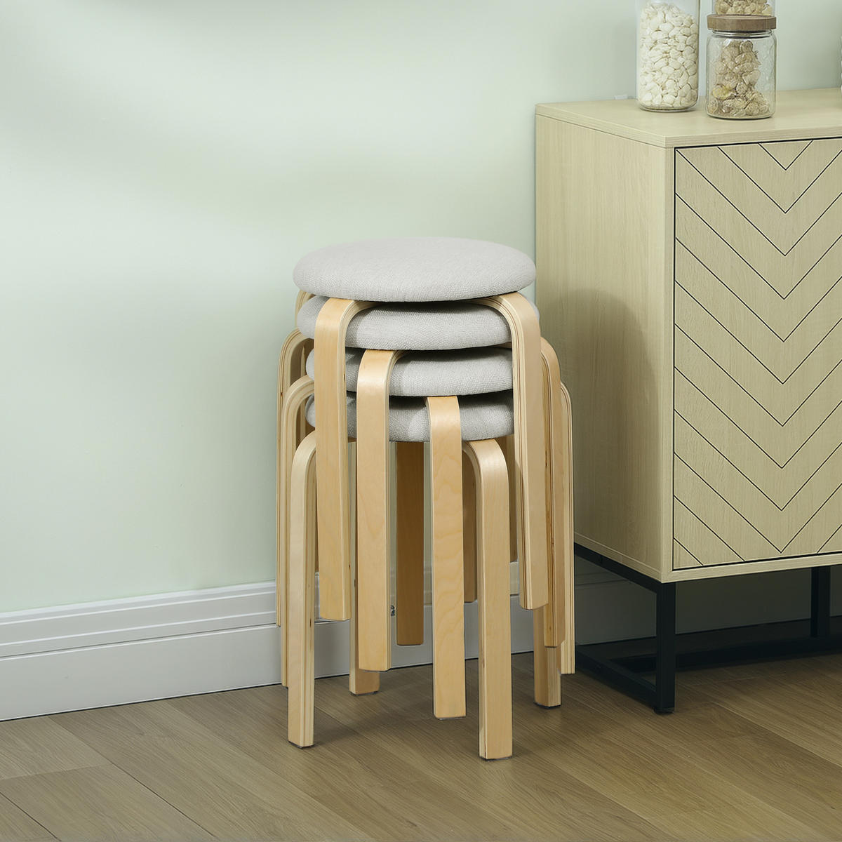 4ER Set Esszimmerhocker Stapelhocker Hocker mit Leinenoptik für Wohnzimmer Creme - Weiß, Holzwerkstoff (40/45/40cm) - HOMCOM