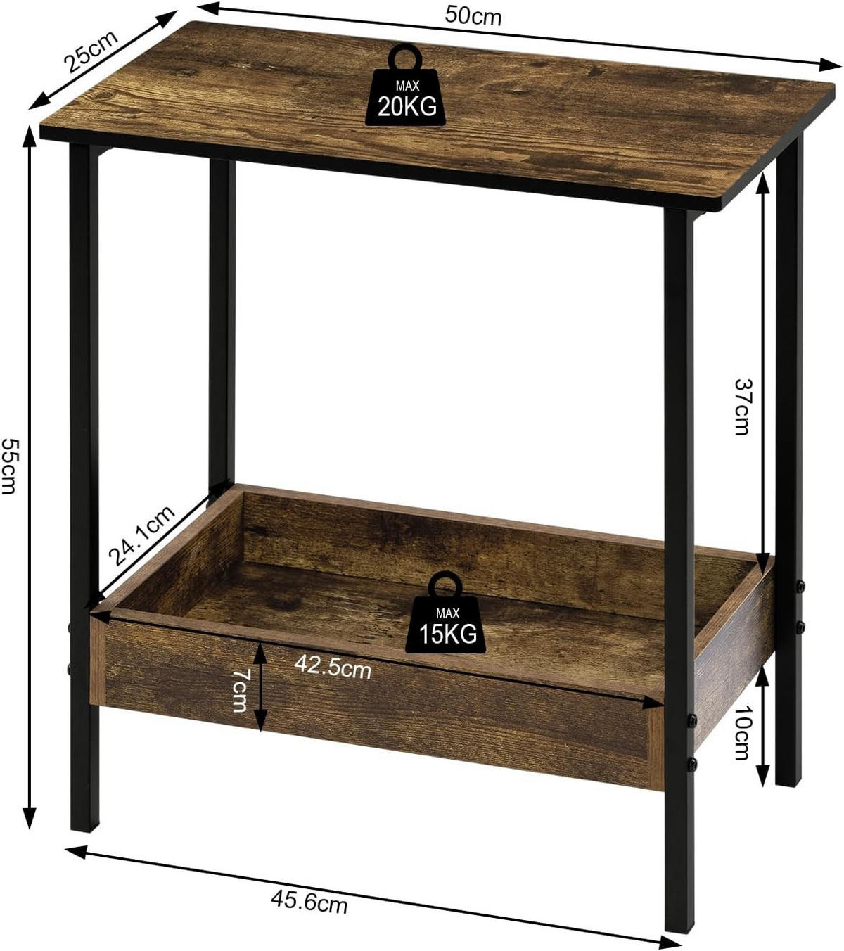 BEISTELLTISCH mit Ablage, Dunkle Eiche + Schwarz - Schwarz/Mokka, Holzwerkstoff/Metall (25/50/55cm) - Woltu