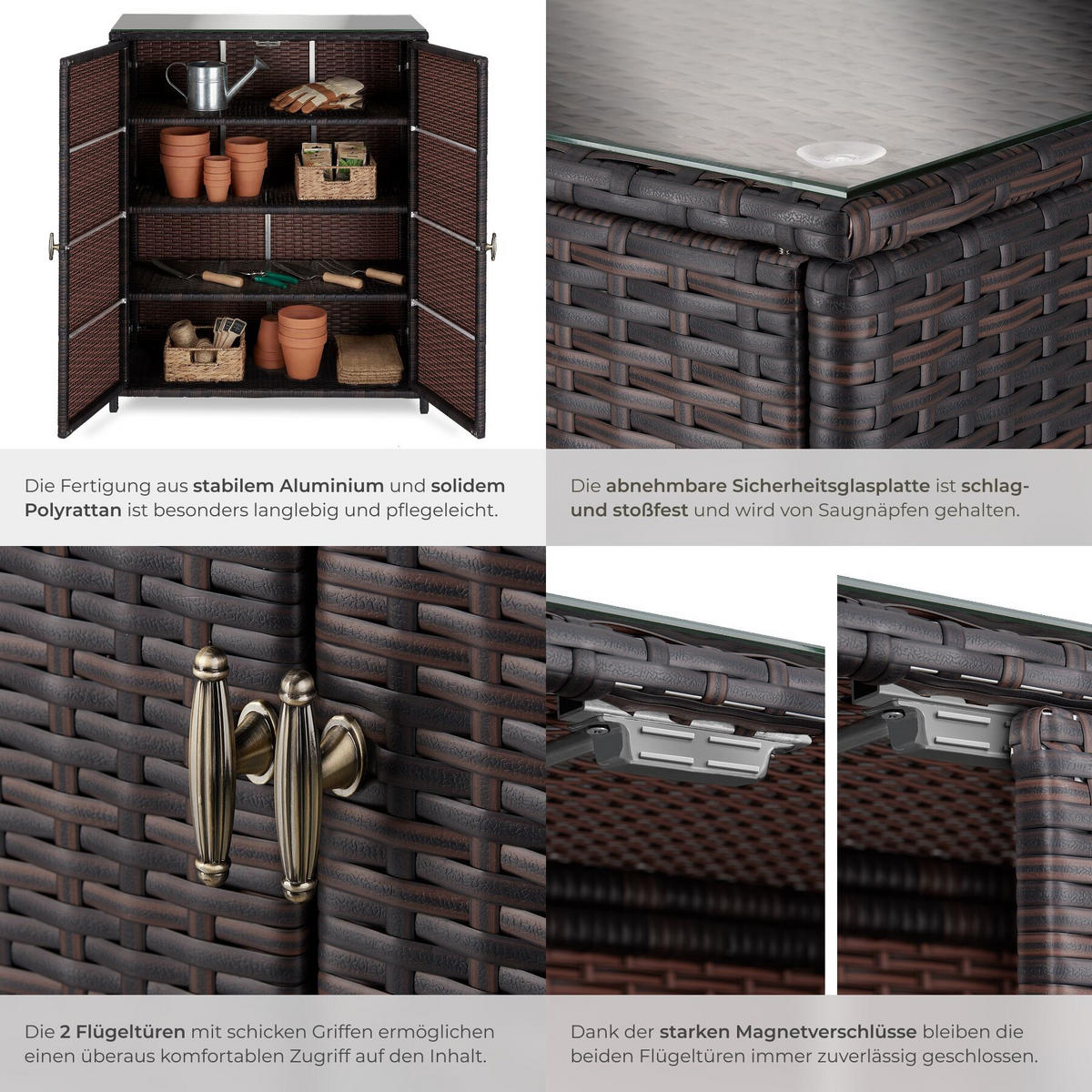 GARTENSCHRANK aus Aluminium Monza, 84,5 x 40,5 x 103,5 cm, braun - Braun, Kunststoff (84.5/103.5/40.5cm) - tectake