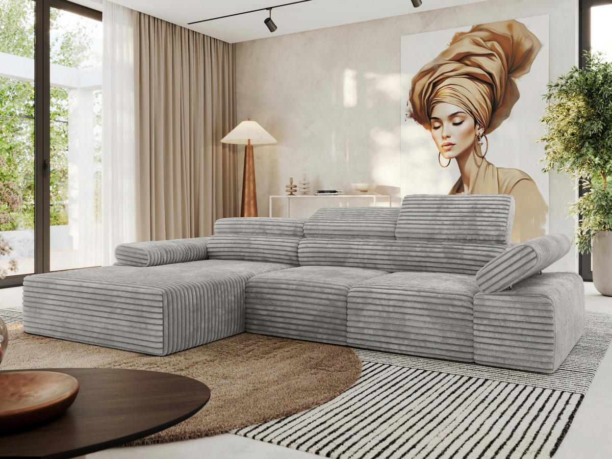 ECKSOFA RILASSO L Hellgrau Cord - links - Hellgrau/Schwarz, Kunststoff/Textil (296/174cm) - MKS