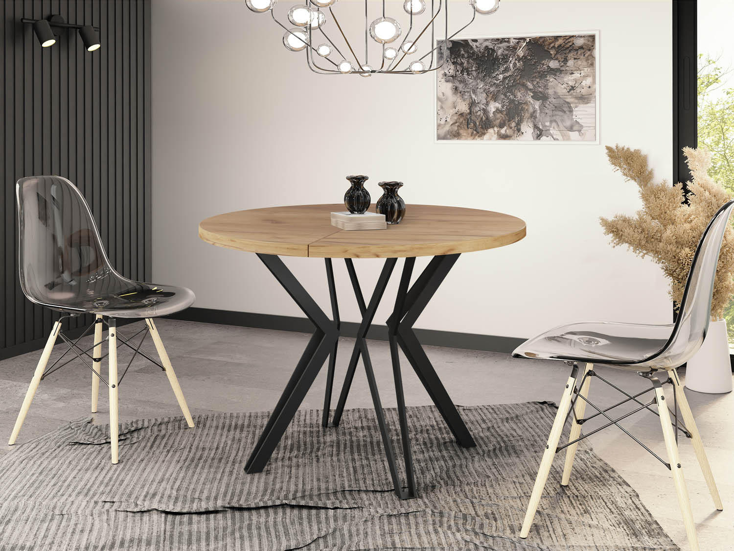 ESSTISCH Revena runder ausziehbarer, Craft Eiche 100-180/100/76 cm - Eiche Wotan/Schwarz, Holzwerkstoff/Metall (100/100/76cm) - WFL GROUP