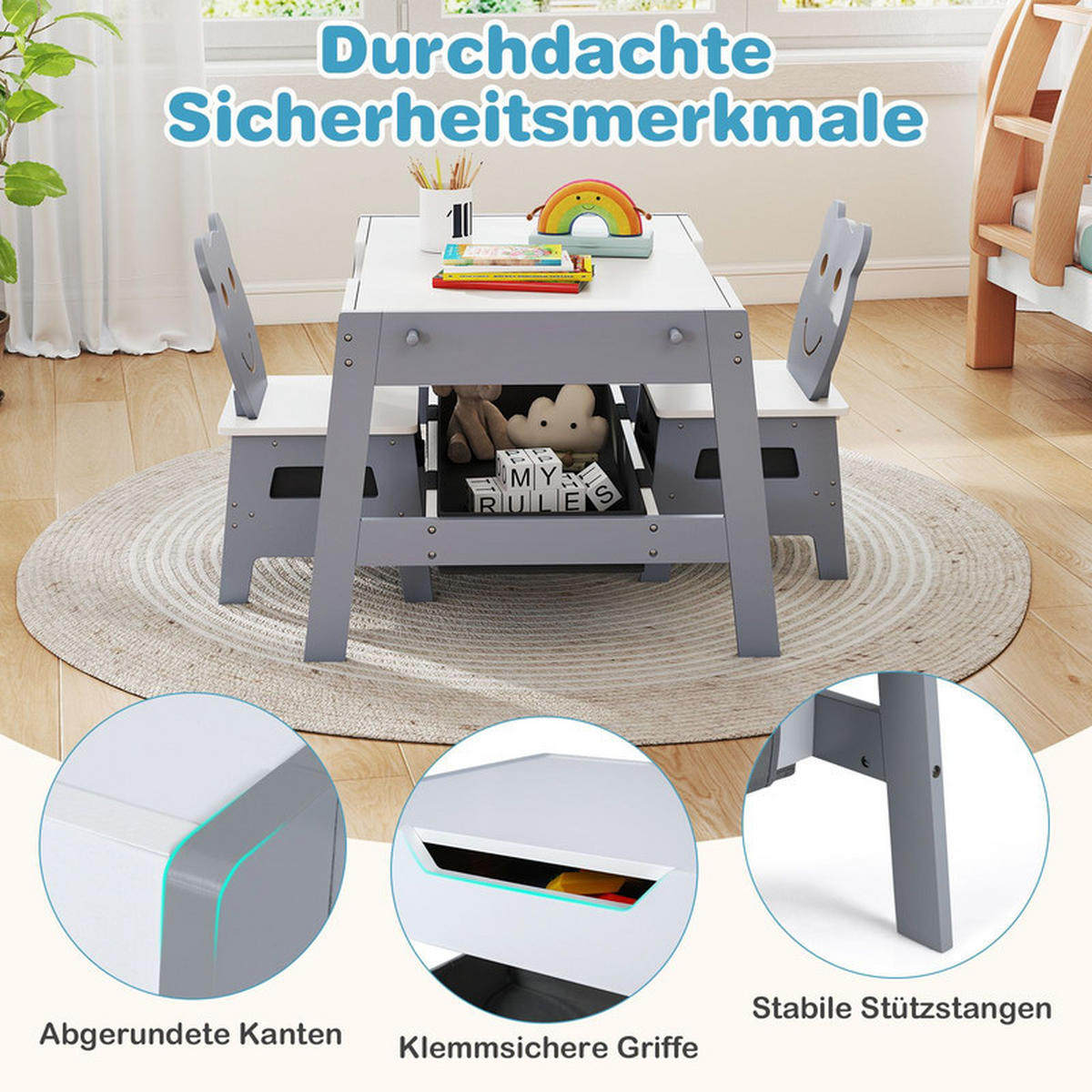 KINDERTISCH mit stuhl grau(3-tlg) - Grau, Holzwerkstoff (70/45/60.5cm) - COSTWAY
