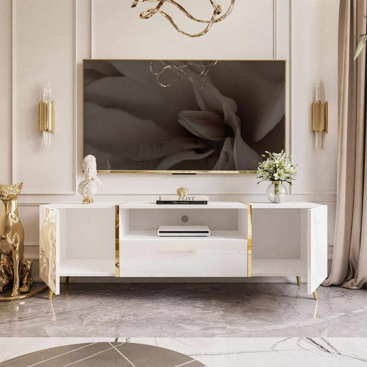 TV-ELEMENT ONYX AUF GOLDENEN BEINEN HOCHGLANZ 158 CM PUSH OPEN - Weiß, Holzwerkstoff (158/53/41.3cm) - Lookway