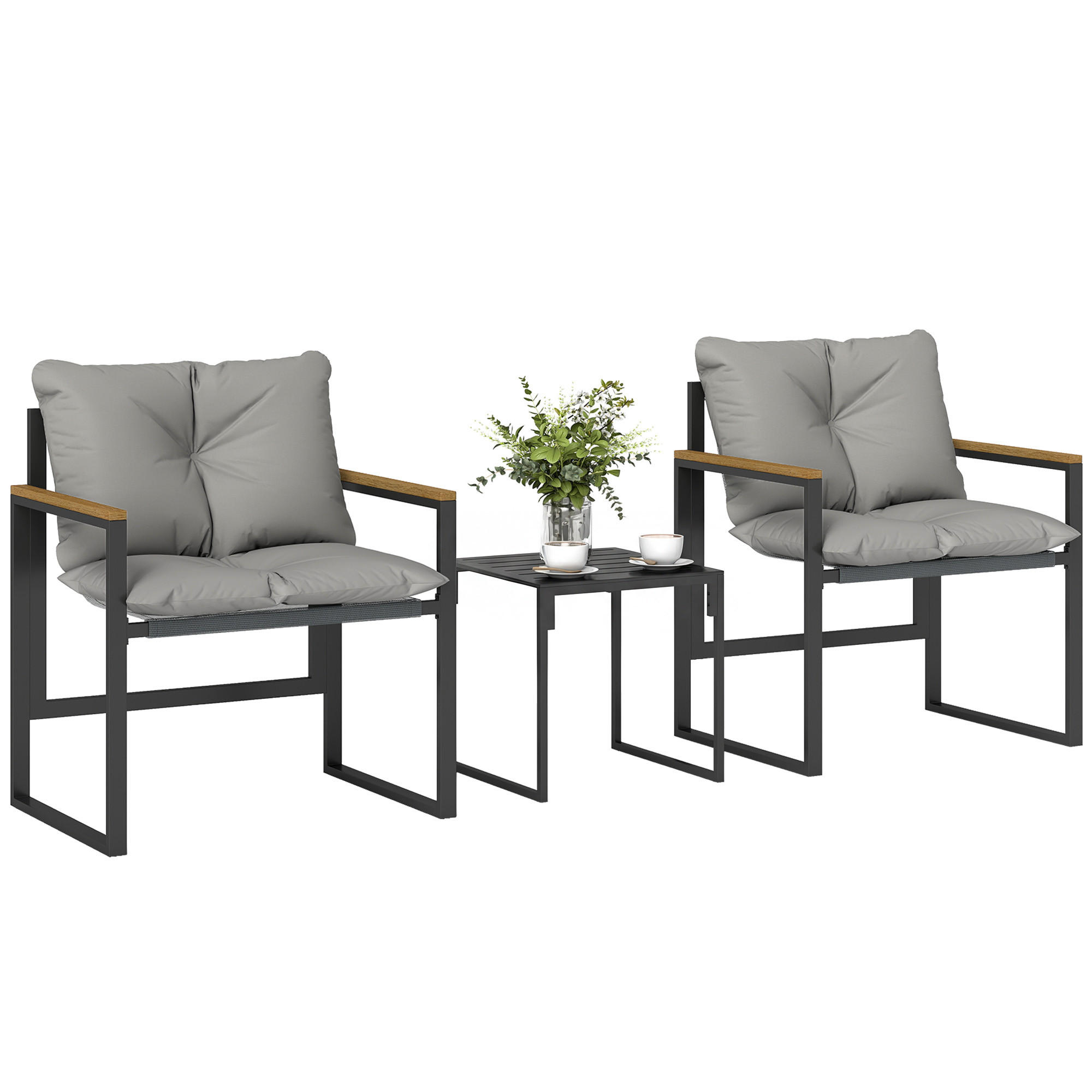 BISTRO-SET DE-07325 mit Polstern und Metallrahmen Schwarz/Holzoptik - Grau, Metall - ComfortXL