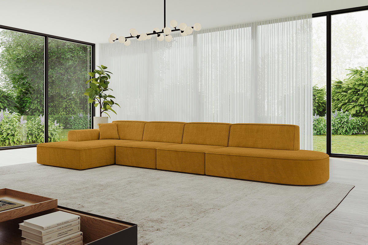 ECKSOFA Ottomane Links IREA-L3-v3 - 403x165x76 cm Senfgelb - Currygelb, Holzwerkstoff/Textil (403/165cm) - ALTDECOR