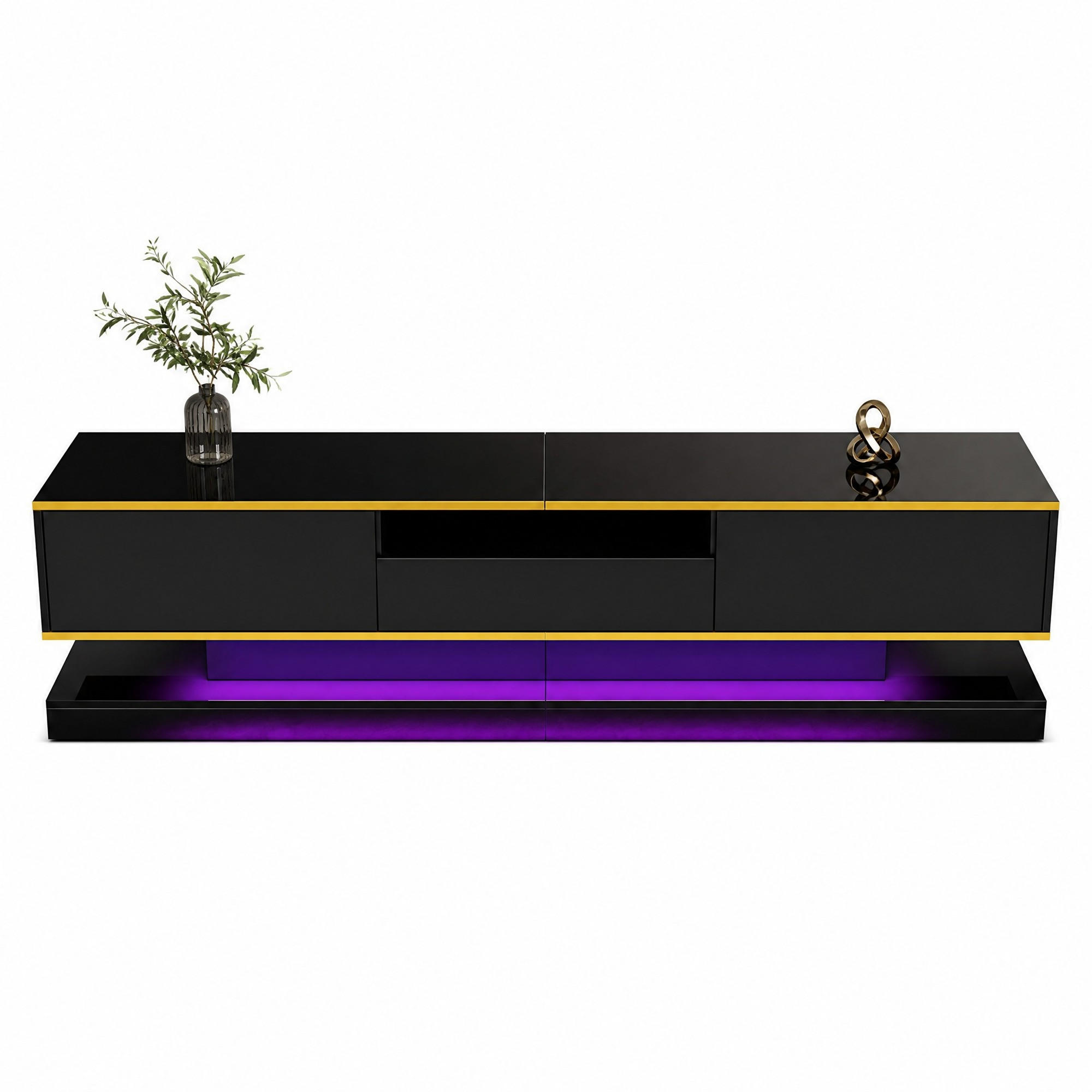 TV-LOWBOARD aus Spanplatte 180x38x45 cm Schwarz/Gold mit LED-Beleuchtung und 3 Schubladen - Schwarz, Holzwerkstoff (180/45/38cm) - IVMEU