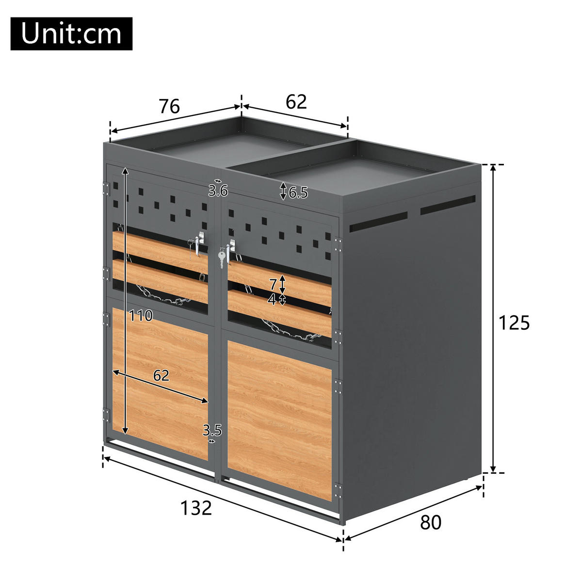 MÜLLTONNENBOX aus Metall in Anthrazit Natur mit Pflanzendach - Grau, Metall (132/125/80cm) - Modfu
