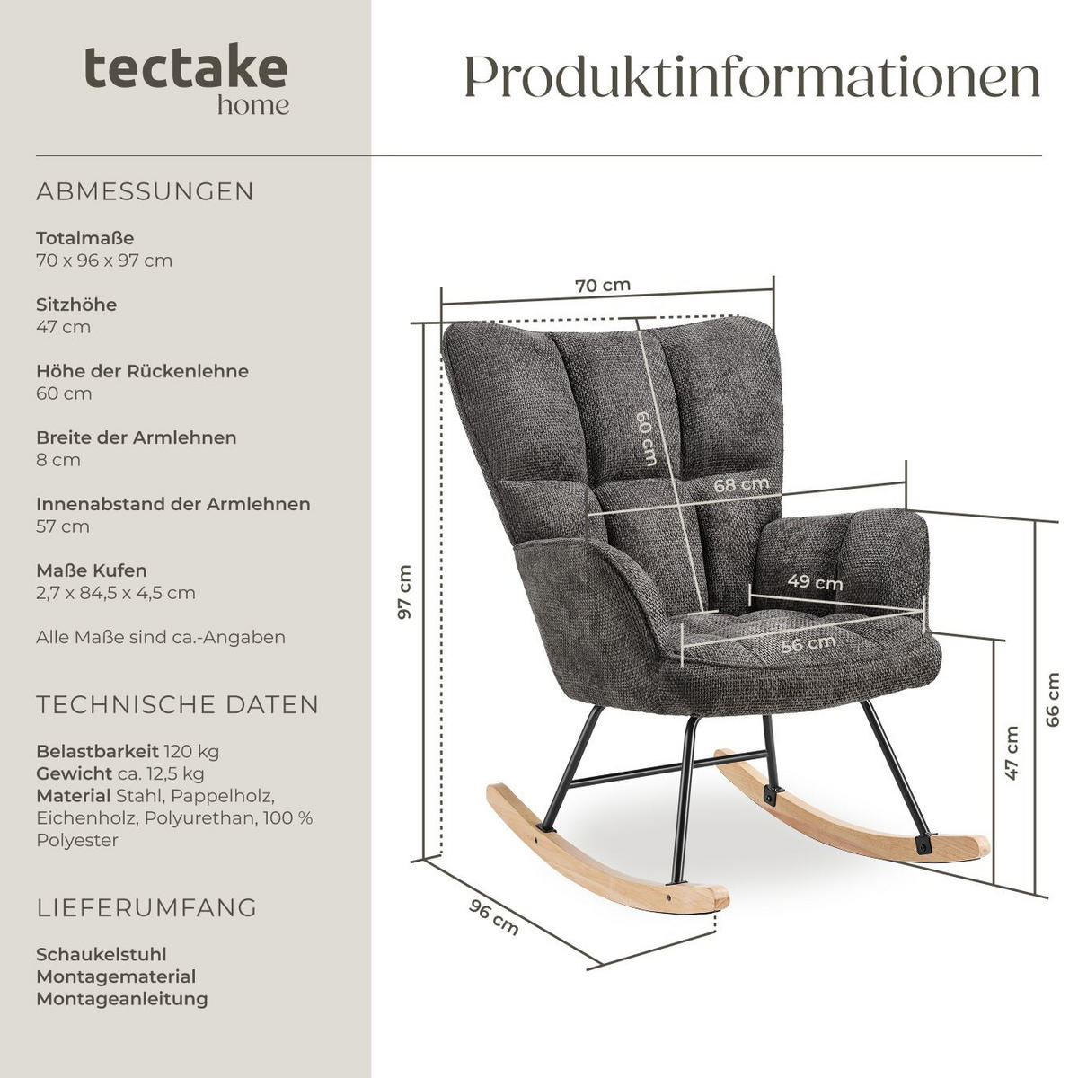SCHAUKELSTUHL Torve, 68 x 96 x 97 cm, Belastbarkeit 120 kg, Chenille anthrazit - Anthrazit, Kunststoff (70/97/96cm) - tectake