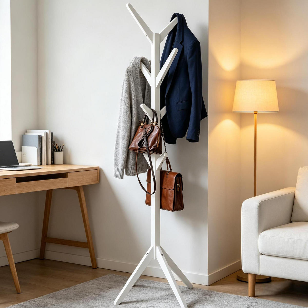 GARDEROBENSTÄNDER 43/43/180 cm weiß aus Massivholz mit 8 Haken - Weiß, Holz (43/180/43cm) - OKWISH