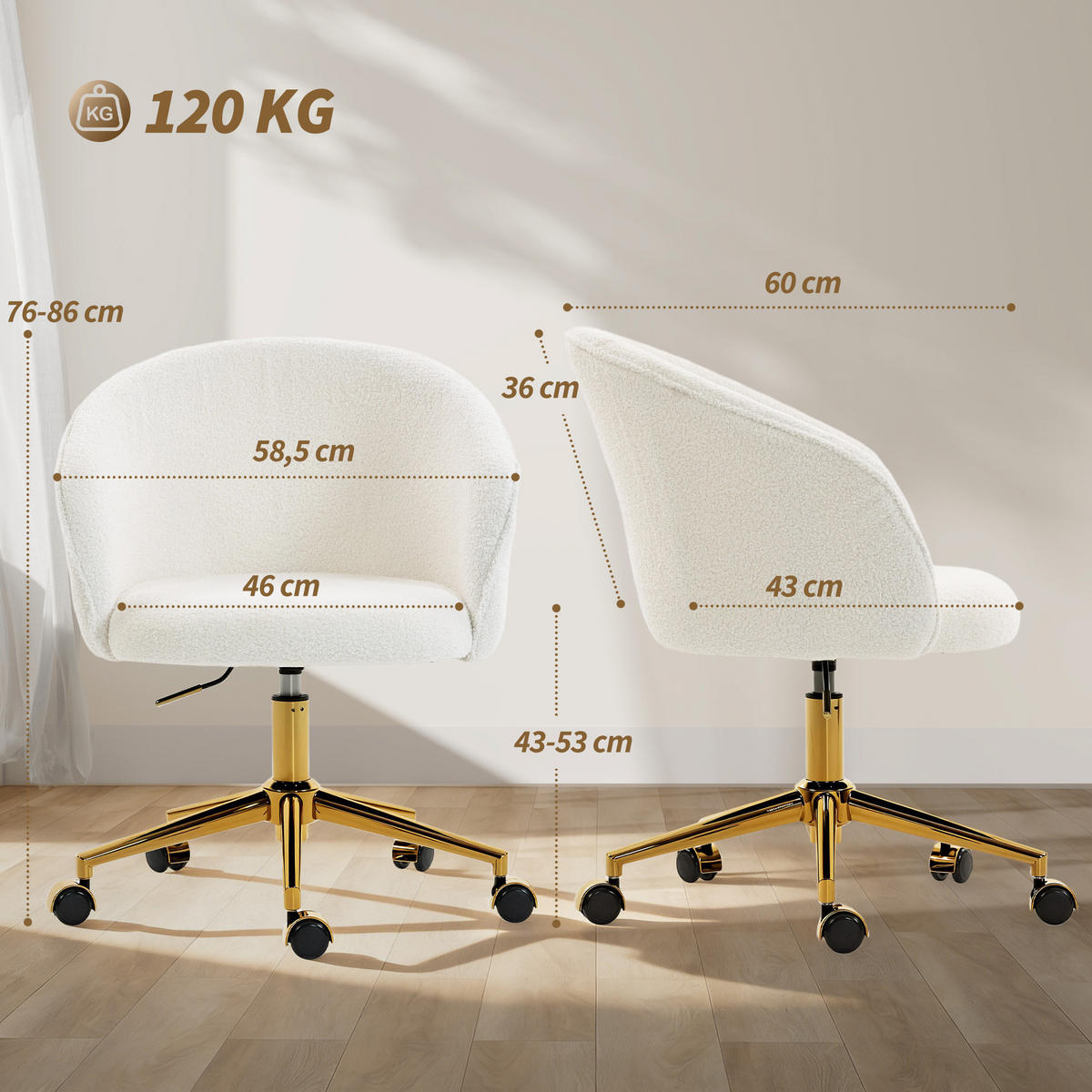 DREHSTUHL DE-11836 mit Teddy-Stoff & höhenverstellbar Creme - Creme, Metall (58.5/86/60cm) - ComfortXL