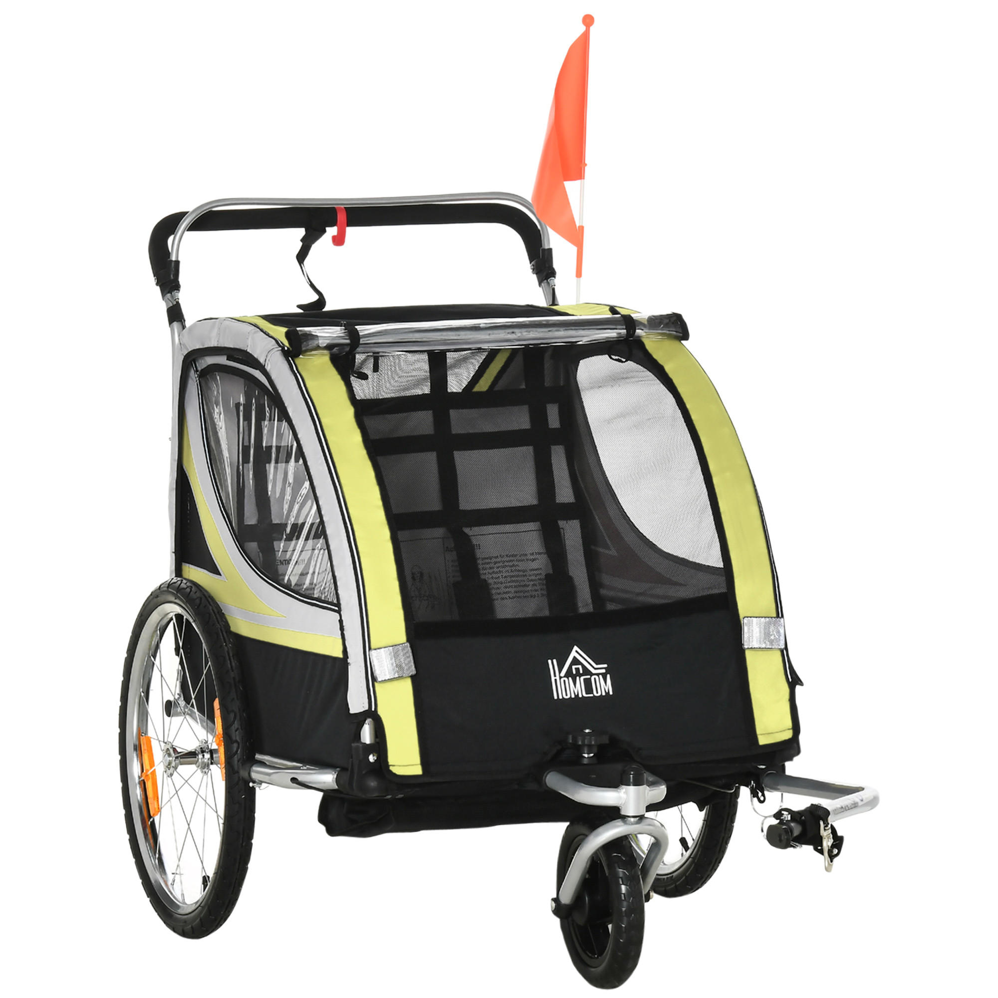 FAHRRADANHÄNGER für 2 Kinder, Schiebefunktion, Regenschutz, Gelb - Gelb/Schwarz, Kunststoff/Metall (75/101/142cm) - HOMCOM