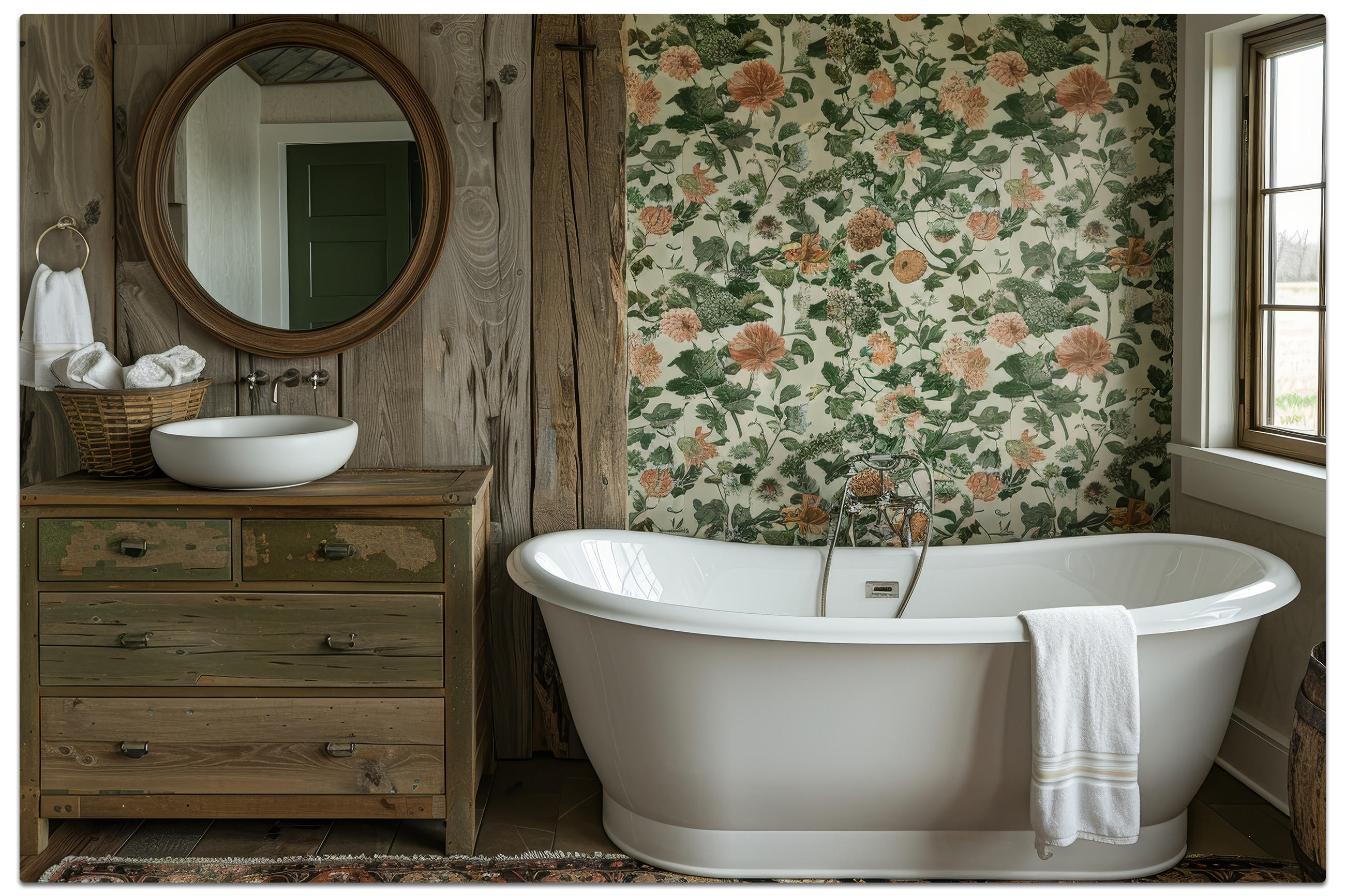 Badezimmer mit freistehender, ovaler Badewanne in Weiß, Holzschrank mit Schubladen, runder Spiegel, blumentapete in sanften Farben.