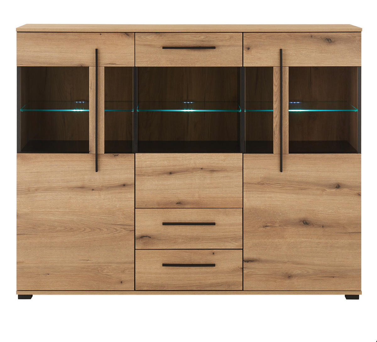 HIGHBOARD Eiche Evoke, Anrichte 160 cm mit Beleuchtung - Eichefarben/Schwarz, Glas/Holzwerkstoff (160/126/42cm) - Furn.Design