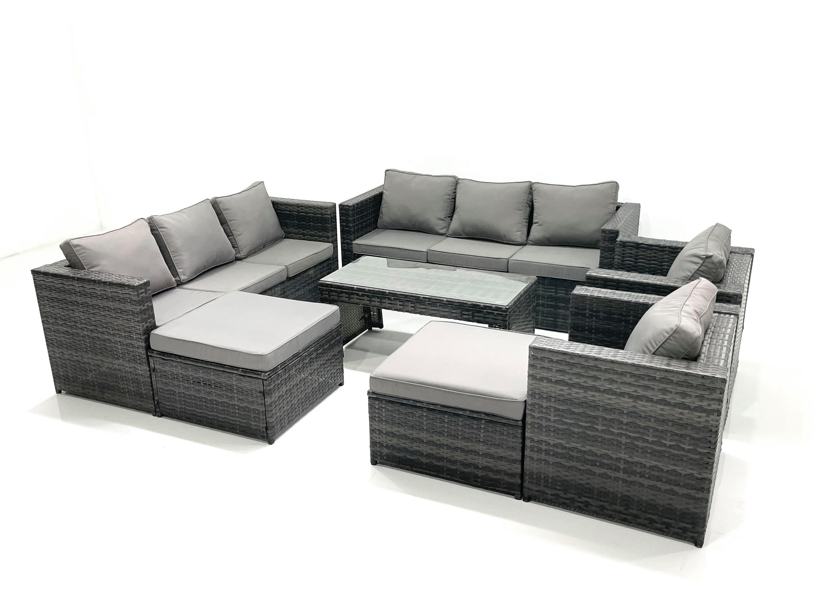 GARTENMÖBEL COUCHTISCH SET mit Sofa Polyrattan Outdoor 10-Sitzer - Dunkelgrau/Grau, Glas/Kunststoff - Fimous