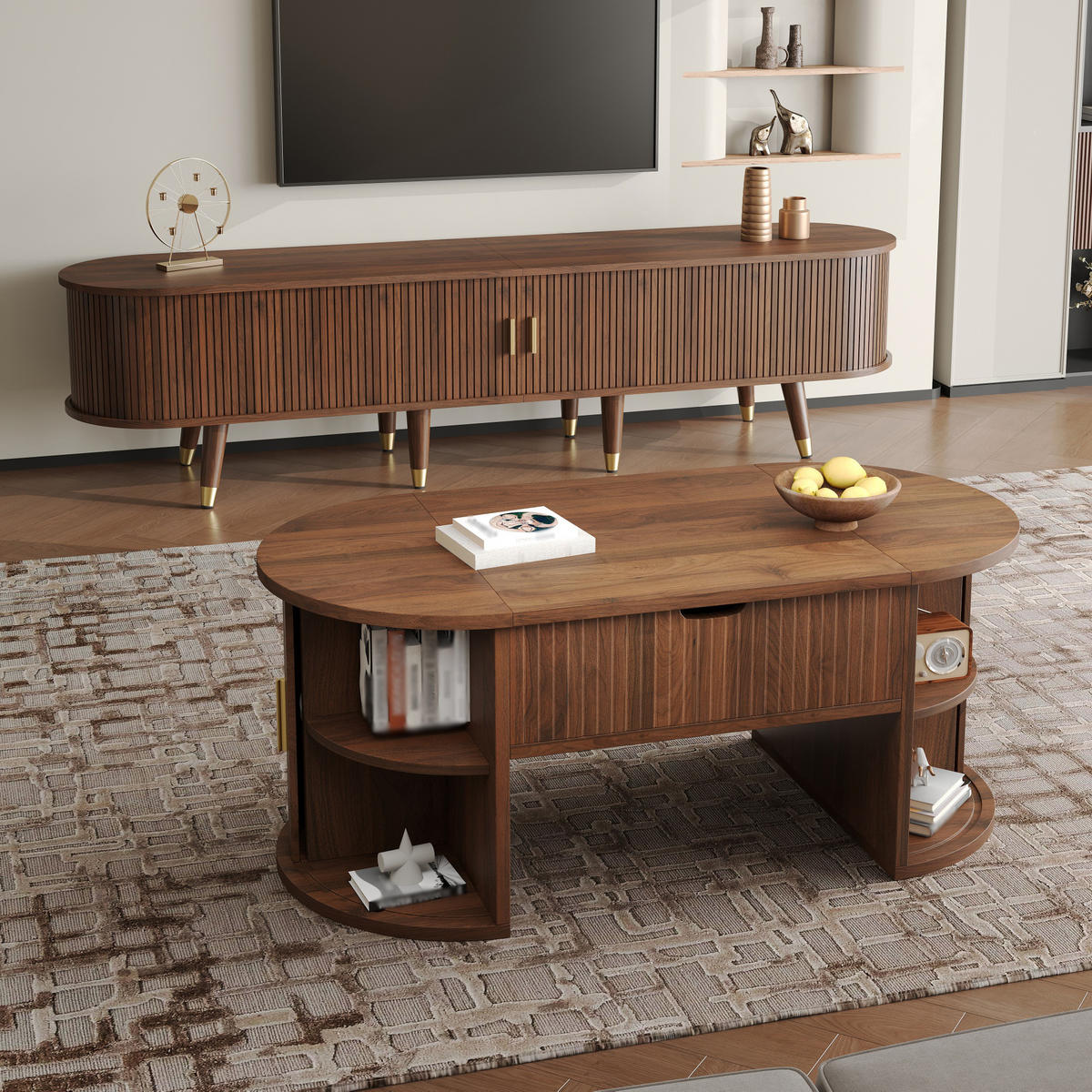 COUCHTISCH 2-tlg Wohnzimmerset Nussbaum - TV-Schrank & mit Hubplatte - Mid-Century - Schwarz, Holz (67.49/33.48/23.98cm) - Raelunyi