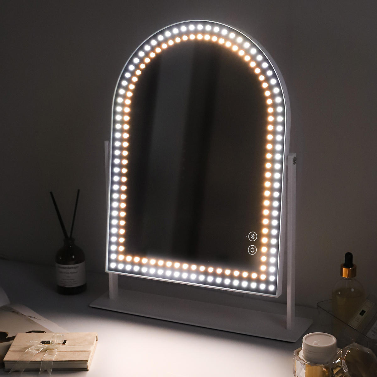 SCHMINKTISCH mit 6 Schubladen 92/55/81 CM und LED Beleuchtung Schminkspiegel 58 x 46 CM - Weiß, Holz (55/81/92cm) - VANITII